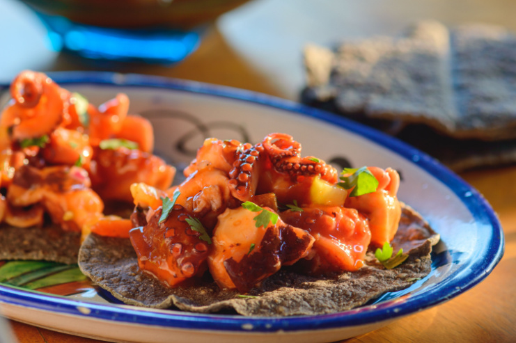 Tostadas de pulpo y patata con salsa de achiote al orégano - Casa de Mexico