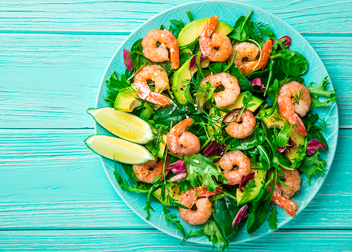 Ensalada templada con langostinos y vinagreta de vainilla 