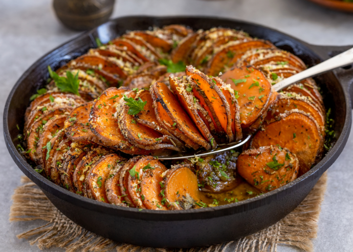 Hojaldre de camote con crujiente de queso, miel y hojuelas de guajillo Hojaldre de camote con crujiente de queso, miel y hojuelas de guajillo