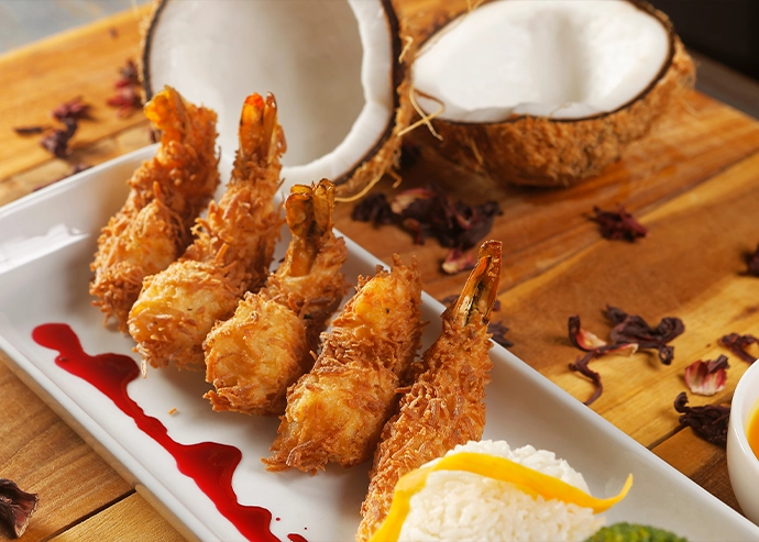 Camarones al coco y salsa mango habanero